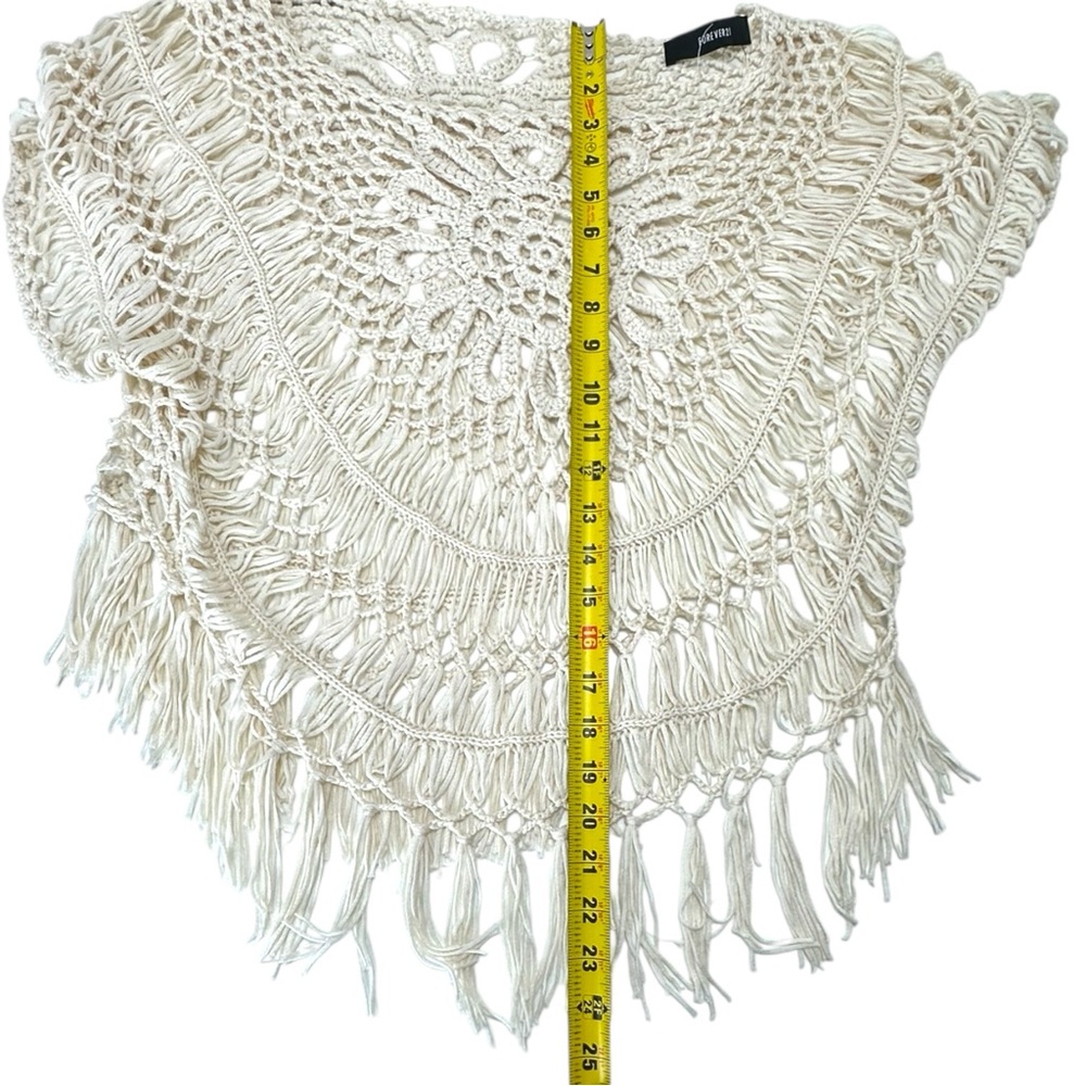 Forever21 Crochet Top Beach Cover Up Cream Fringe Poncho Crochet Shirt Summer - Picture 11 of 13